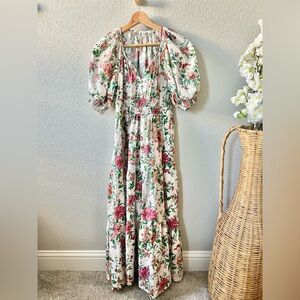 Anthropologie Somerset Puff Sleeve Dress Size XS Pink Rose Floral Maxi Tiered
